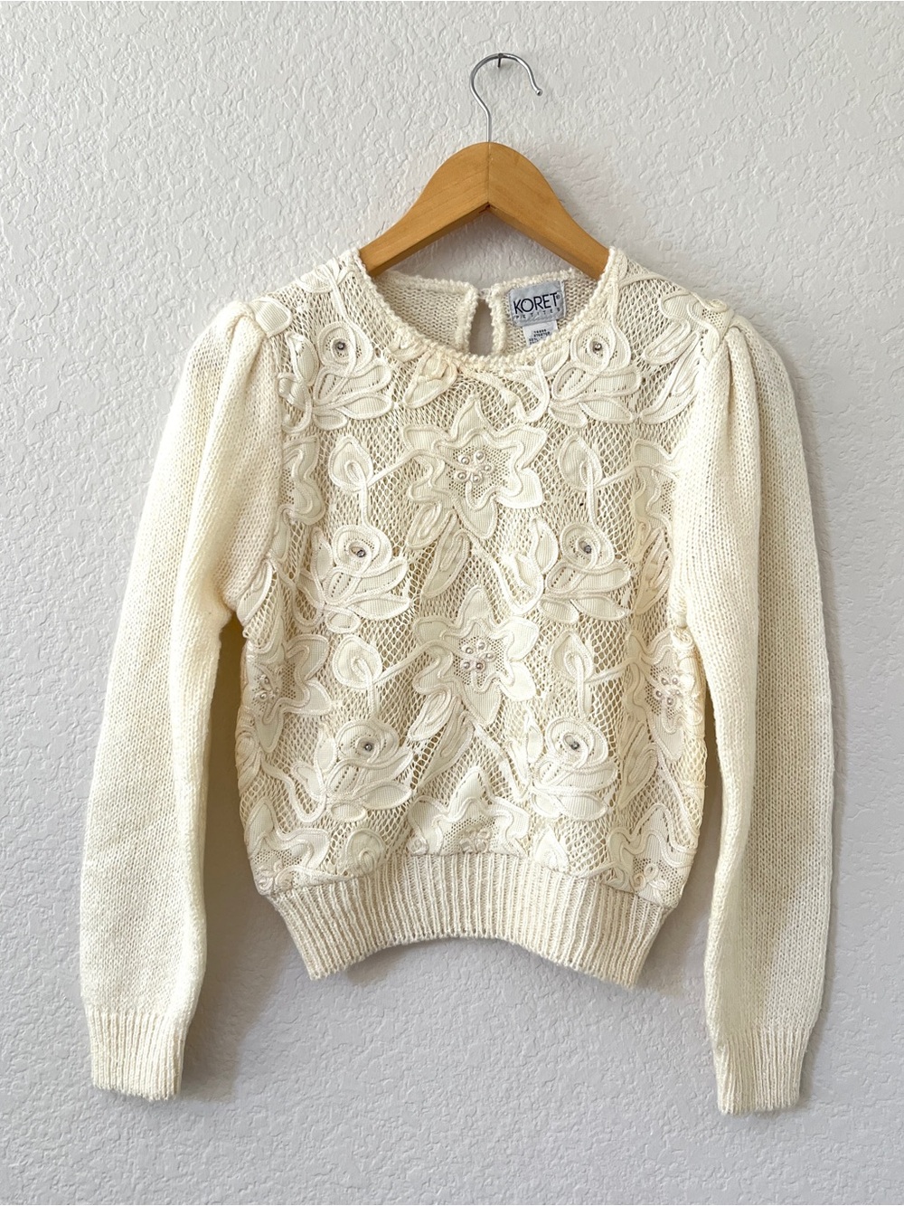 Vintage 90s Koret Petites Floral Lace Pearl Applique Sweater Ivory Petite XS